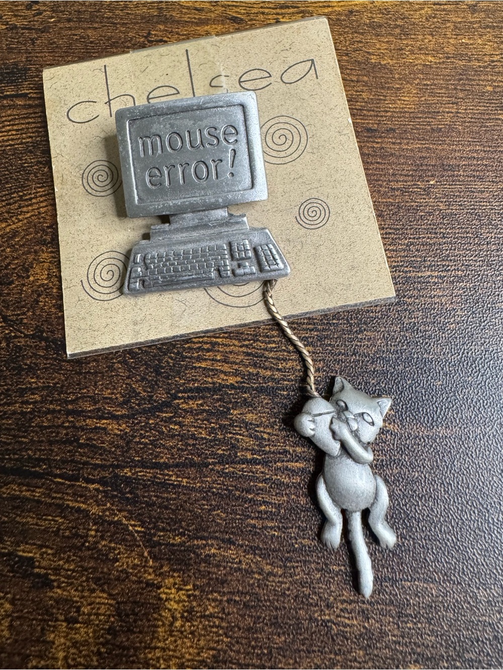 Vintage Pewter 'Mouse Error!' Computer & Cat Brooch Pin JJ Jonette Jewelry